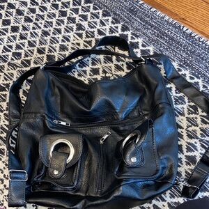 Black Leather Shoulder Bag with Silver Accents